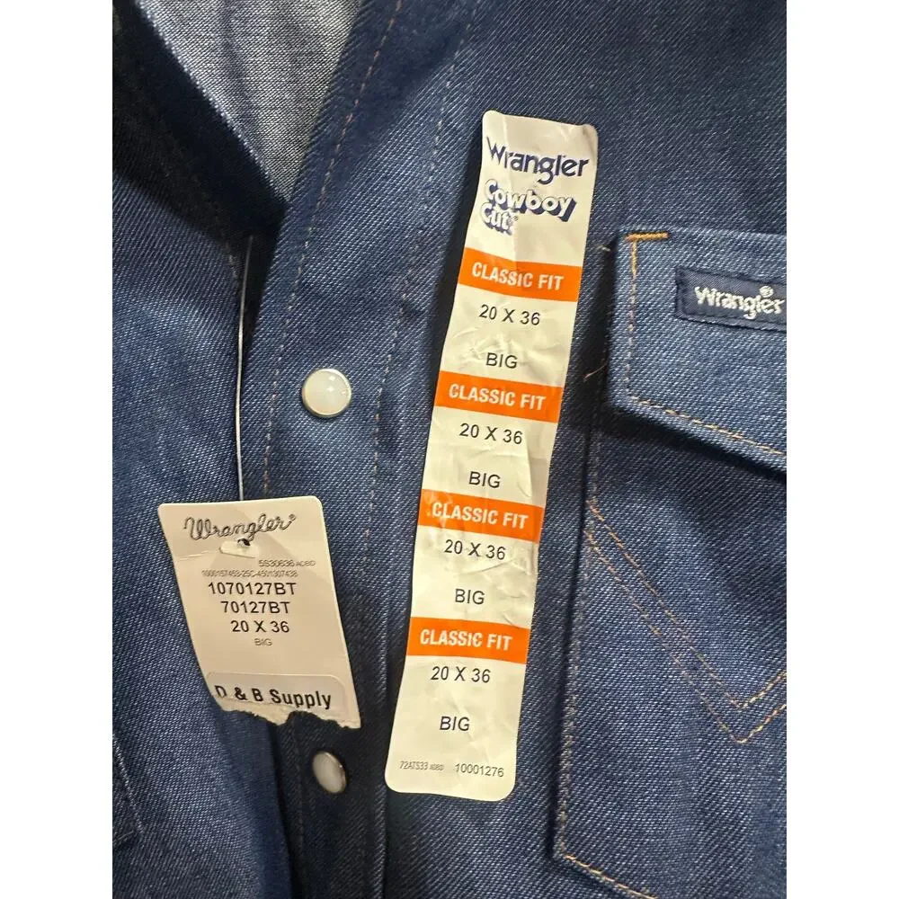 Wrangler Cowboy Cut Western Snap Shirt Mens 20X36 Big Blue Classic Fit NWT